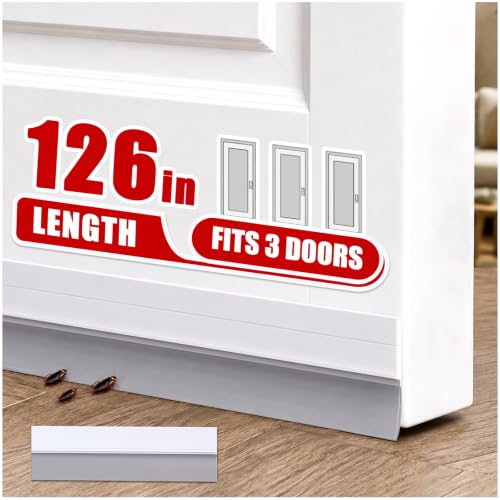 9 Pack Hard Door Draft Stopper for Bottom of Door, 126 Inch Total Adjustable Door Sweep, Self-Adhesive Weather Stripping Door Seal Gap Filler for 3 Doors, White