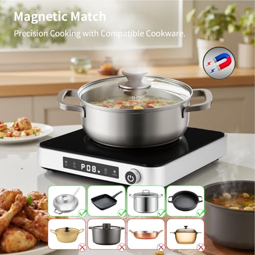 COOKTRON Portable Induction Cooktop with Griddle Pan, 1800W, Silver - size: Single Induction Cooktop with Grill Pan