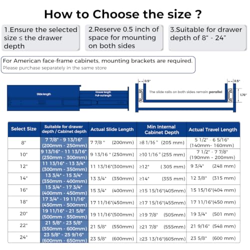 Black Heavy Duty Drawer Slides 16 Inch 1 Pair Side Mount 100LB - size: 16 Inch