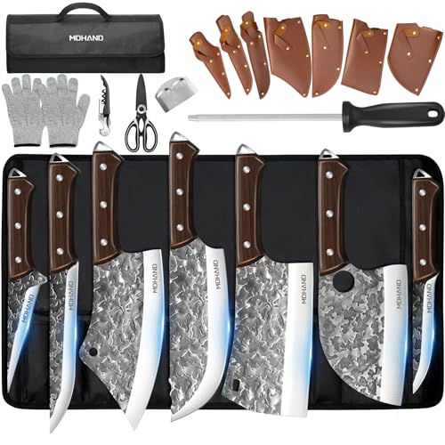MDHAND Butcher Knife Set, Hand Forged Butcher Chef Knife Set with Roll Bag - size: 14PCS Auspicious Cloud Butcher Knife Set