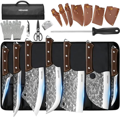 MDHAND Butcher Knife Set, Hand Forged Butcher Chef Knife Set with Roll Bag - size: 14PCS Auspicious Cloud Butcher Knife Set