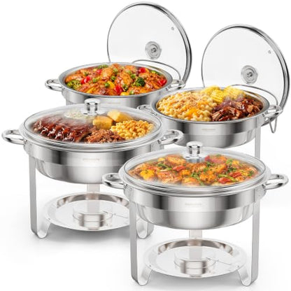 ROVSUN 5 Qt 4 Pack Chafing Dishes for Buffet, Stainless Steel Round Chafers for Catering, Buffet Servers and Warmers Set with Glass Lid & Lid Holder, Stackable Design for Wedding Party Event - size: 4 Pack