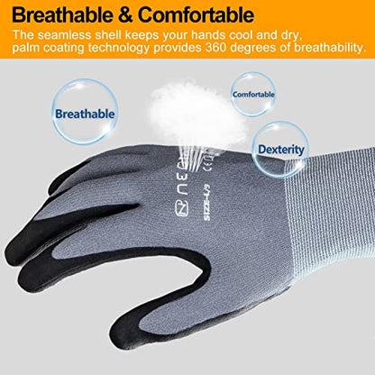 NEOTRIL Safety Work Gloves MicroFoam Nitrile Coated-3/6/12/36 Pairs,Breathable Nylon Working Gloves for Men Women - color: 12 Pairs/ Grey