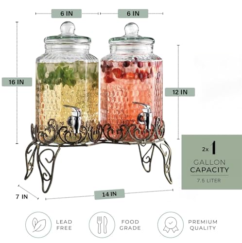Glass Beverage Dispenser with Classy Metal Stand (Set of 2), 1.Gallon Glass Drink Dispenser with 100% Leak Proof Spigot, Party Drink Dispenser for Lemonade, Punch, Water, Juice for Parties - color: 1 Gallon 2 Pack