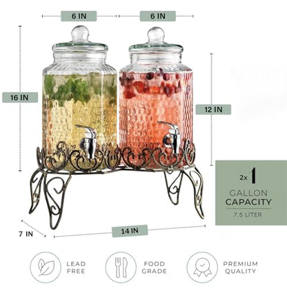 Glass Beverage Dispenser with Classy Metal Stand (Set of 2), 1.Gallon Glass Drink Dispenser with 100% Leak Proof Spigot, Party Drink Dispenser for Lemonade, Punch, Water, Juice for Parties - color: 1 Gallon 2 Pack