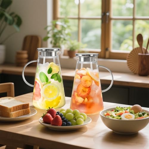 Nicunom 2 Pack 68 oz Glass Pitcher with Lid, BPA-Free Glass Water Jug Carafe Heat Resistant Ice Tea Pitcher for Juice, Sangria, Lemonade, Milk, Coffee, Cold and Hot Beverages, 2 Pcs Brush Included