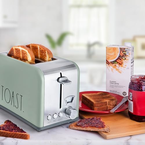 Rae Dunn Toaster, Stainless Steel 2 Slice Square Toaster, Wide Slot with 5 Browning Levels, with Bagel, Defrost and Cancel Options (Sage) - color: Sage