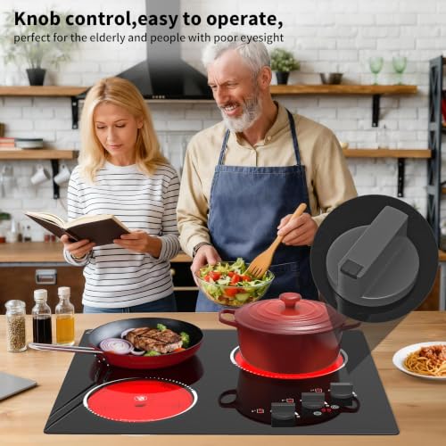VBGK Electric Cooktop,24 inch 220V Electric StoveTop,Touch and Knob Control,LED,9 Power Levels, KidsLock & Timer Overheat Protection,500w3 burmercooktop. - size: 3 Burners Electric Cooktop