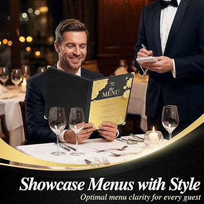 Flexzion Restaurant Menu Covers 8.5 x 11 Inch (6 Pack) - Book Style Bar Menu Holder with 3 Page 6 View - Transparent Clear Menu Book Covers with Gold Metal Corner for Restaurant, Hotel, Cafe - size: 6 Pack