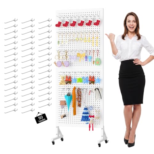 Peg Board Display Stand with Wheels,50 Hooks,2'x 5.5'-White - color: White