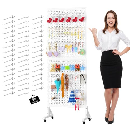 Peg Board Display Stand with Wheels,50 Hooks,2'x 5.5'-White - color: White