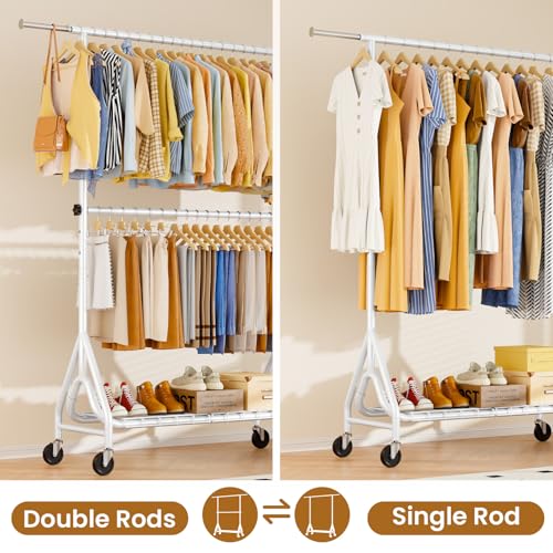 Heavy Duty Clothes Rack for Hanging Clothes, Double Rods Clothing Rack with Lockable Wheels, Rolling Garment Racks with Shelf, Easy to Assemble, White - color: White, size: Doule Rods