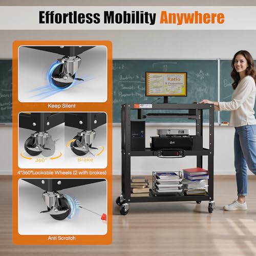 Extra-Large 3-Tier Utility Cart with Built-in Power Strip – Heavy-Duty 14-Gauge Steel Rolling Cart for Office, Workshop, or Classroom – 300 Lb Capacity (34" x 18" x 41.75") - style: Large AV Cart with Keyboard Tray(M-AV-JL)