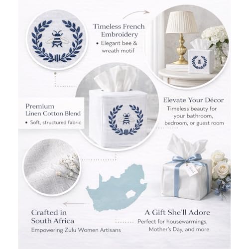 Jacaranda Living Square Tissue Box Cover, Linen/Cotton Fabric Tissue Holder, Decorative Cloth Tissue Cube Cover, Embroidered Bee Designs, Napoleon Bee Wreath (White) - color: Napoleon Bee Wreath (White)