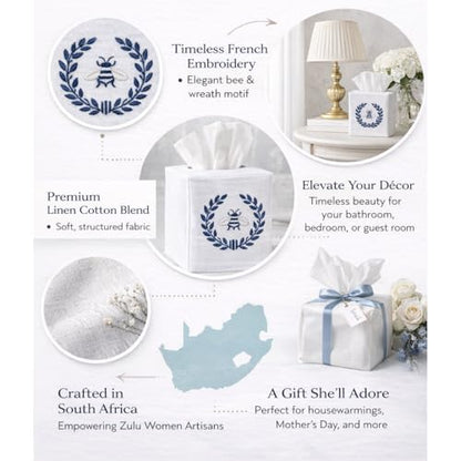 Jacaranda Living Square Tissue Box Cover, Linen/Cotton Fabric Tissue Holder, Decorative Cloth Tissue Cube Cover, Embroidered Bee Designs, Napoleon Bee Wreath (White) - color: Napoleon Bee Wreath (White)