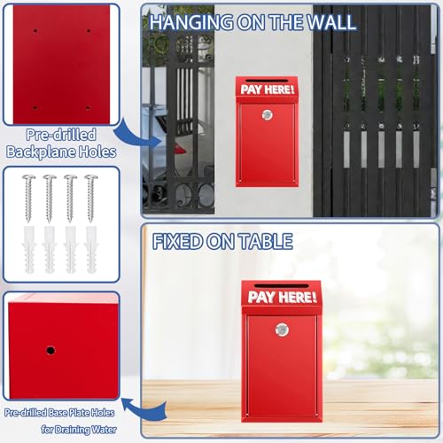Cash Money Box with Slot – 10.2In Metal Donation Box with Lock for Cash Deposit,Wall Mounted Money Drop with Lock and Slot for Home/Farm/Office/Outdoors(Red) - color: Red