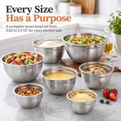Stainless Steel Mixing Bowls with Lids, 7-Piece Nesting Bowl Set, 0.6–5.5 QT, Includes 14 Measuring Spoons for Baking, Cooking and Meal Prep, Khaki - size: 7+14 - Bowls & Spoons