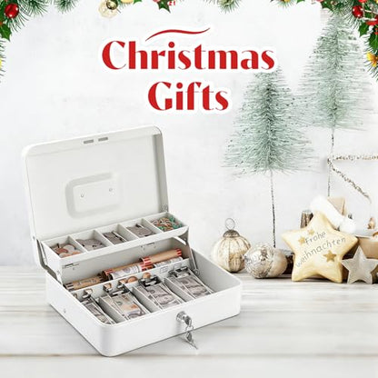 Sumerfnt Cash Box with Lock and Money Tray Money Box for Cash, Metal Lock Box for Money Cash Register - 11.8" x 9.4" x 3.54" White - color: White