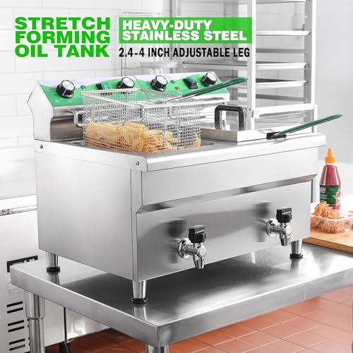 NUPANT 24L/25.4QT Commercial Deep Fryer with 2 Baskets and Lids, 110V Electric Fryer with Oil Filtration and Timer, Stainless Steel Large Double Tank Fryer Countertop Deep Fryer for Restaurant 3500W - size: 24L