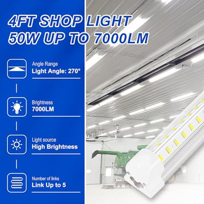 XLNYUUI Led Shop Lights,4FT LED Light 50W 6000K 7000LM Led Daylight,Garage Light,Linkable Clear Cover Integrated V-Shape for Garage Warehouse Workbench Workshop(6-Pack) - size: 4FT 6PACK