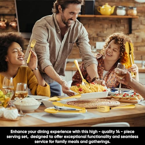 14PCS Serving Utensils - Hostess Serving Utensils Set, Premium Stainless Steel 8.7 inch Serving Utensils, Slotted Spoons, Fork, Tongs, Cake Pie Server for Buffet, Wedding, Dinner (Gold) - color: Gold