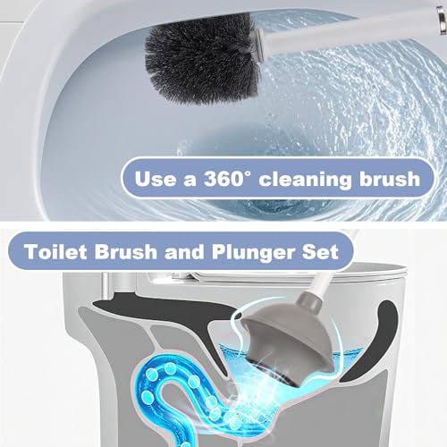 Toilet Brush and Plunger Set 4 in 1 Toilet Brush and Holder with Crevice Cleaning Brush and Clip Deep Cleaning, Wall Mounted Home Bathroom Cleaning Tool Combo （Gray 1）