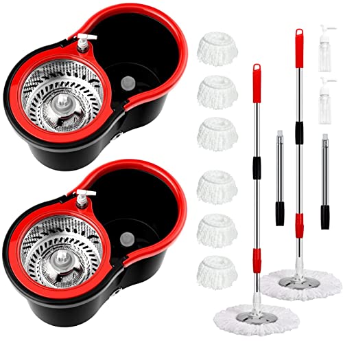 Spin Mop and Bucket with Wringer Set，360° Spin Mop and Bucket System with 3 Replaceable Microfiber Mop 61" Handle Household Cleaning Tools for Wet and Dry,Set of 2 - color: Black-2