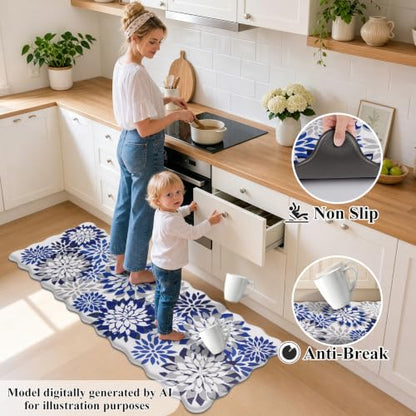 HEBE Anti Fatigue Kitchen Rugs Set of 3, Cushioned Kitchen Mats for Floor - color: Blue/Floral