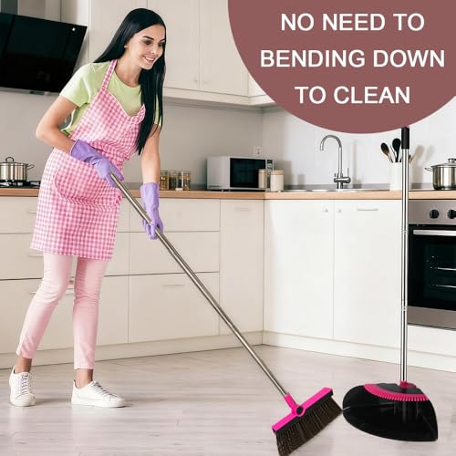 Triangular Indoor Broom and Dustpan Comb Set, 180° Rotating, Soft Bristle Long Handle Upright Sweeping Angled Broom with Self-Cleaning Teeth for Home, Kitchen, Office, Wood Floor (Black Pink) - color: Black Pink