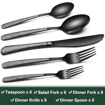 Black Hammered Silverware Set, 40-Piece Stainless Steel Heavy Duty Flatware Set for 8, Food-Grade Tableware Cutlery Set, Utensil Sets for Home Restaurant, Mirror Finish, Dishwasher Safe - style: Black Round Hammered
