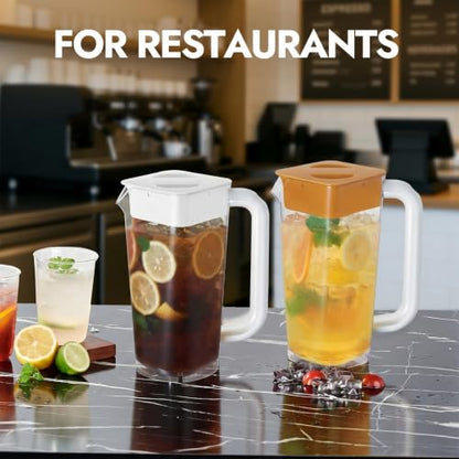 CURTA 2 Pack Plastic Pitcher with Lid, 2L Heavy-Duty Shatterproof Pitchers Clear Water Pitcher with Handle for Lemonade, Coffee,Iced Tea, Milk, Juice, Beverages - color: White & Brown