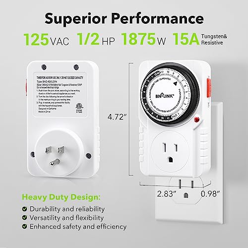 BN-LINK 24-Hour Heavy Duty Mechanical Timer Outlet,Indicator Light, 3-Prong - size: 1 Pack