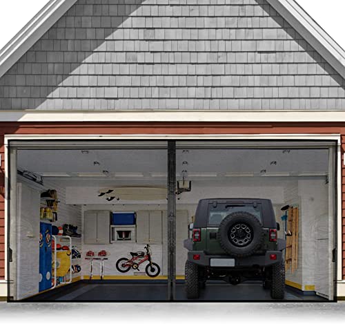 Garage Door Screen For 2 Car 12x9FT, Magnetic Screen Garage with Retractable Fiberglass Mesh and Heavy Duty Weighted Bottom, Easy Assembly & Pass, Hands Free Screen Door w/ 44 Magnets for Garage/Patio - color: Black, size: 12.3X9.15ft