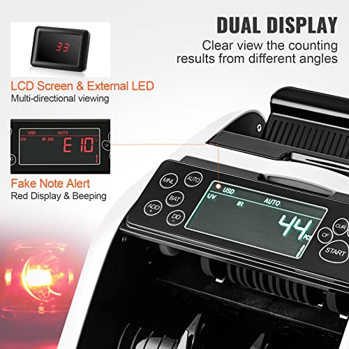 VEVOR Money Counter Machine, Bill Counter with UV/MG/IR/DD/DBL/HLF/CHN Counterfeit Detection, Counting/Value Count/Add/Batch Modes, USD/EUR Money Counting Machine with LCD Display for Small Business - size: 9.6*11*6.2"