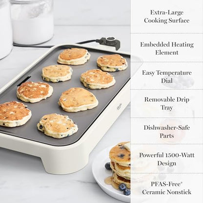Martha Stewart 12"x 22" XL Electric Griddle, Ceramic Nonstick Flat Top - color: Linen Cream