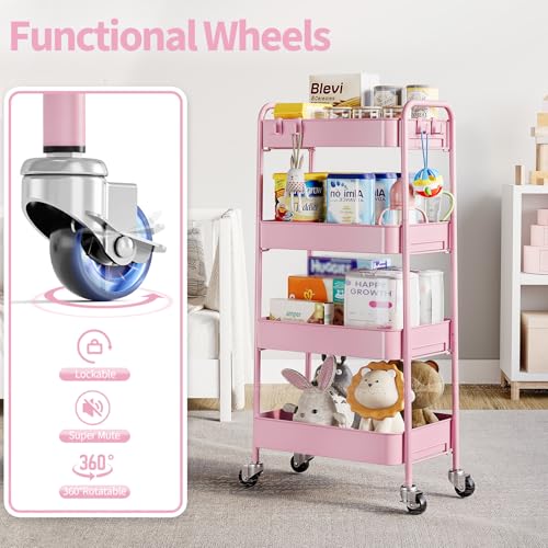 TOOLF 4 Tier Metal Rolling Cart, Utility Storage Cart with Wheels, Pink - color: Pink, size: 4-Tier