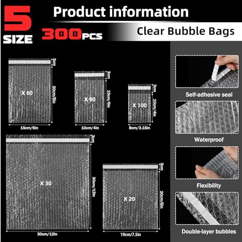Frienda 300 Pcs Self Adhesive Bubble Bags Packing Pouches, Mixed Sizes - size: Mixed Sizes