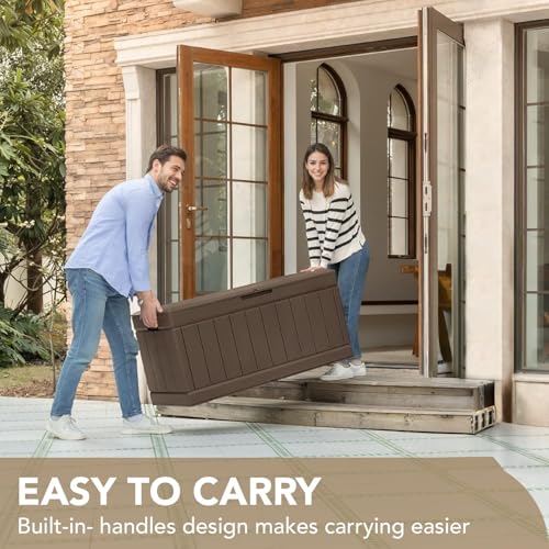Devoko 85 Gallon Deck Box Lockable Resin Outdoor Storage Box waterproof Outdoor Container for Patio Furniture Cushions, Pillow (Brown) - color: Brown, size: 85 Gallon without Cushion