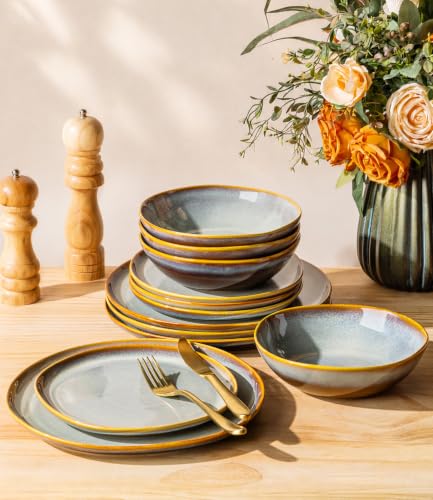 TheTerra Ceramic Dinnerware Set for 4, 12-Piece Plates and Bowls Set - color: Dusk Blue
