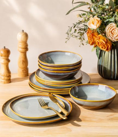 TheTerra Ceramic Dinnerware Set for 4, 12-Piece Plates and Bowls Set - color: Dusk Blue