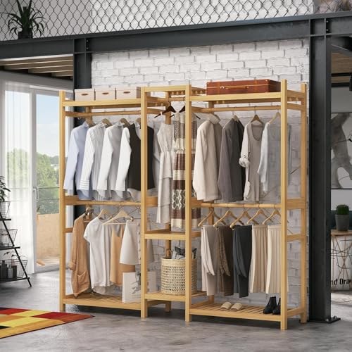 Homykic Bamboo Clothing Rack with 7 Shelves, 5 Hang Rods, 70” Wide, Natural - color: Natural, size: III Large