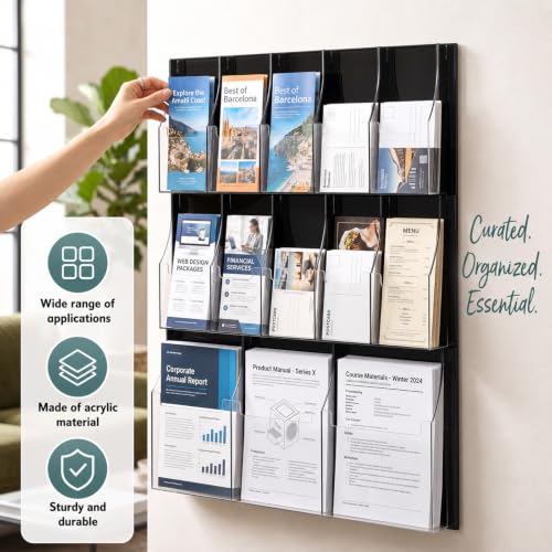 Sintuff Acrylic Brochure Rack 3 Magazine Holders 12 Pamphlet 31.7 x 28.3 Inch Wall Mounted Three Fold Brochure Rack Black Transparent Suitable for Data Storage in Offices School Homes