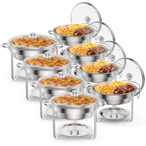 ROVSUN 5 Qt 8 Pack Chafing Dishes for Buffet, Stainless Steel Round Chafers for Catering, Buffet Servers and Warmers Set with Glass Lid & Lid Holder, Stackable Design for Wedding Party Event - size: 8 Pack
