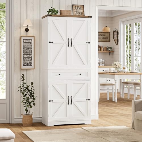 HOSTACK 71" Kitchen Pantry Storage Cabinet, Farmhouse Pantry Cabinet, White - color: White + Rustic Brown
