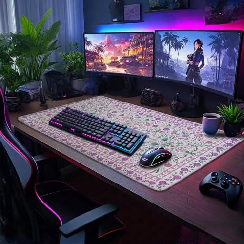 Purple Floral Desk Mat Large Mouse Pad 31.5"x15.7" Anti-Slip - color: Purple Floral
