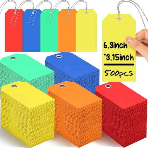 Pinkunn 500 Pack Plastic Hang Tags with Wires, 6.3 x 3.15 Inch Waterproof Heavy Duty Shipping Tags, Blank Labels with String for Name Price Luggage Clothing Inventory(Bright Color)