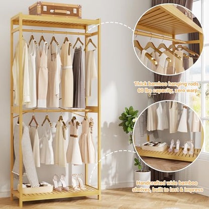 Homykic Bamboo Clothing Rack with Shelves, 33.5” Wide Clothes Rack, 78.8” H - color: Natural, size: Standard