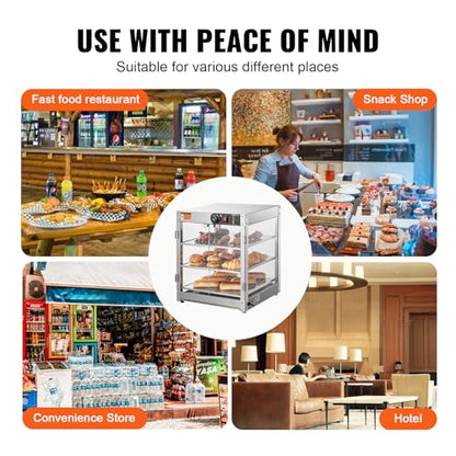 VEVOR 3-Tier Commercial Food Warmer Display, 800W Food Display Warmer with Light to Enhance Food Display, 86℉~185℉ Temperature Control, 90L Large Capacity for Hamburger, Pizza, Bread, Fried Chicken - size: 3-Tier-95Qt
