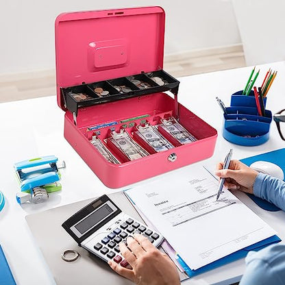 Cash Box with Money Tray and Key Lock, Parrency Large Money Box, 5 Compartments for Cions & 4 Spring-Loaded Clips for Bills, 11.8" x 9.5" x 3.5", K-Pink - color: K-Pink