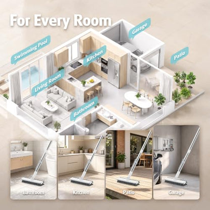 AIR U+ Floor Scrub Brush with Long Handle, 4 in 1 Floor Scrubber & Squeegee - color: White